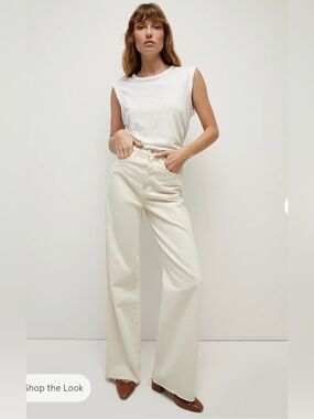 Veronica Beard Taylor Relaxed Wide Leg High Rise Ecru Raw Hem Jeans.